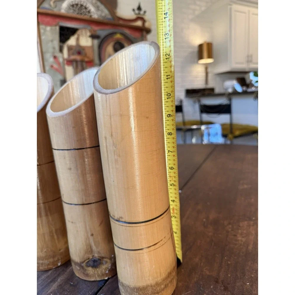 Lot Of 3 Natural Japanese Bamboo‎ Vases Vintage Boho Whimsy Cylindrical